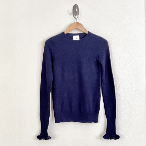 New GWYN Bunny 100% Merino Wool Ruffle Trim Sweater in Navy Blue - Picture 7 of 11